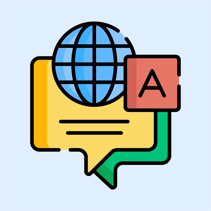 Chat bubbles and letters representing language and communication development.